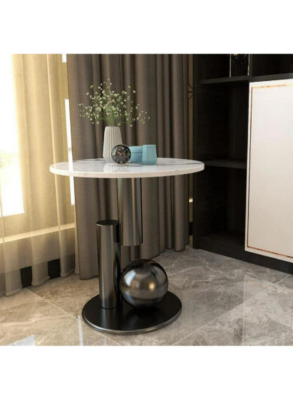 Royal | RedwoodRidge Wooden Side Table in Black & White Marble Wood - 50×60 cm