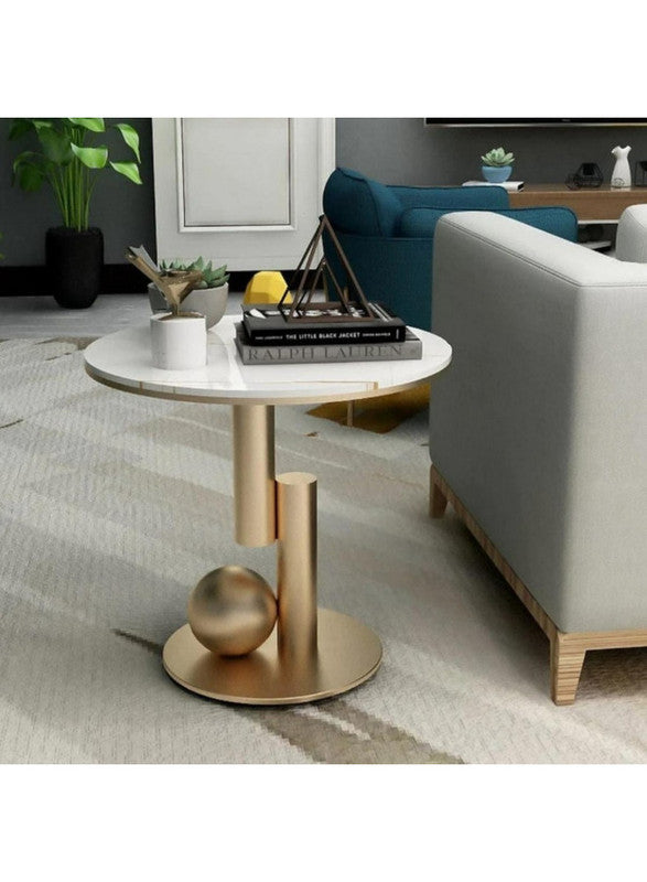 Royal | BirchBliss Wooden Side Table in Gold & White Marble Wood - 50×60 cm