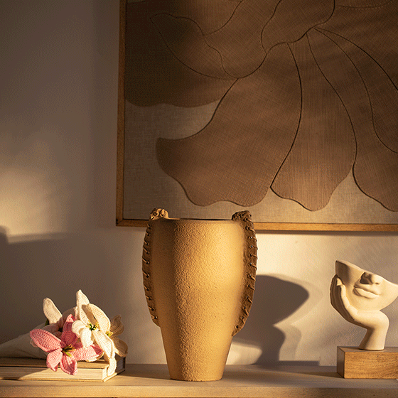 Niraan Terracotta Vase with Cane Wrapped Handles Vases and Jars| Roots Furniture