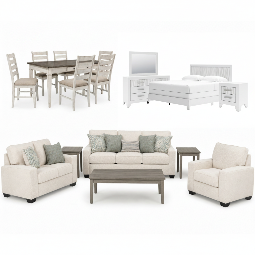 A furniture bundle set featuring a dining room set, a bedroom set, and a living room set on a plain white background. The collection includes a dining table with six chairs, a bed with a nightstand and mirror, a loveseat, an armchair, a coffee table, and matching side tables, in light beige and white tones with gray accent pillows.