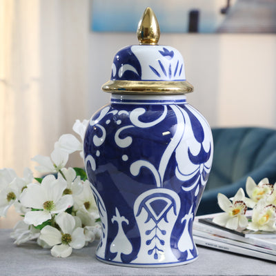 Ceramic Temple Jar W/Gold Accent, Blue/White Ceramic, 7.5 x 7.5 x 14.5 Inches