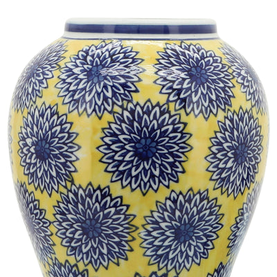 14" Temple Jar W/Dalhia Flower,Yellow/Blue