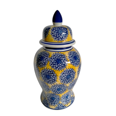 14" Temple Jar W/Dalhia Flower,Yellow/Blue