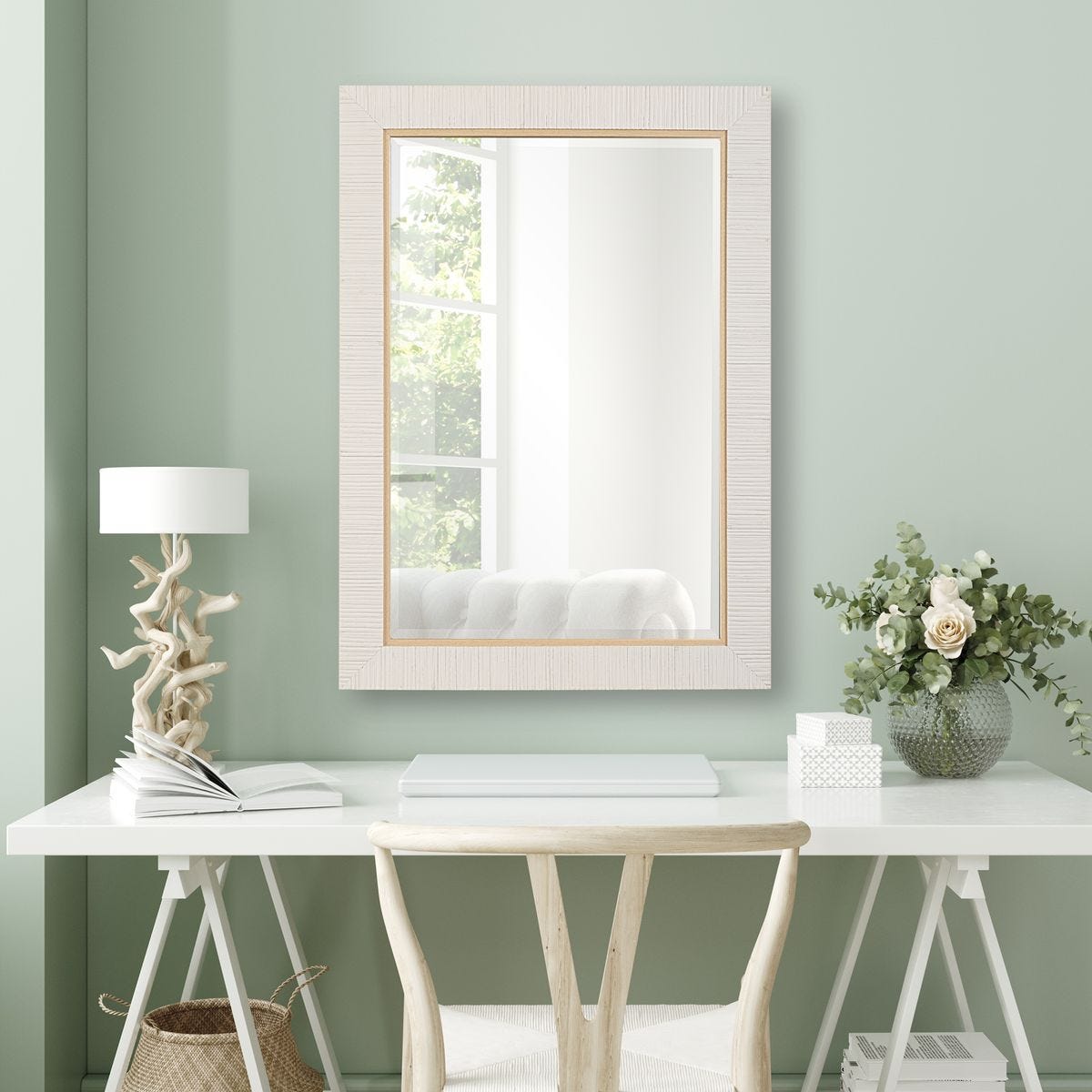 Whitewashed Rattan Mirror
