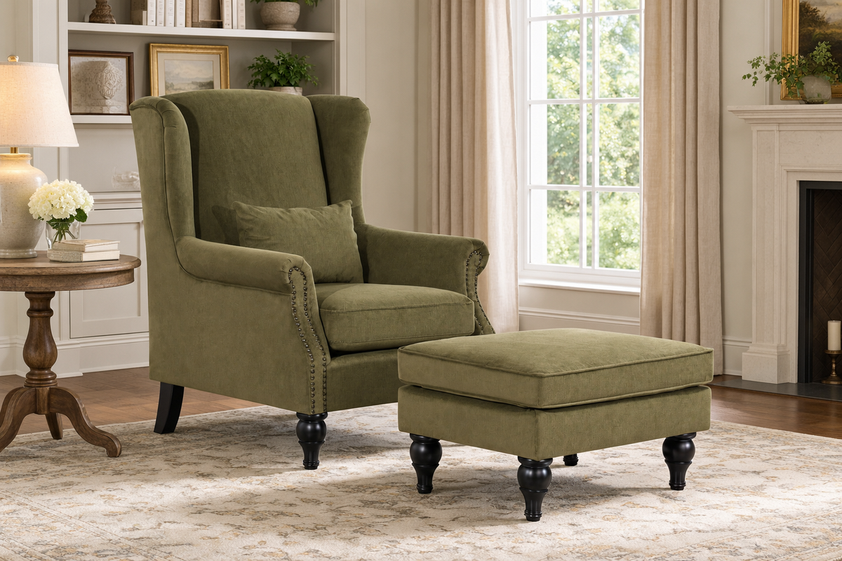 Saddle Green Chair+Ottoman