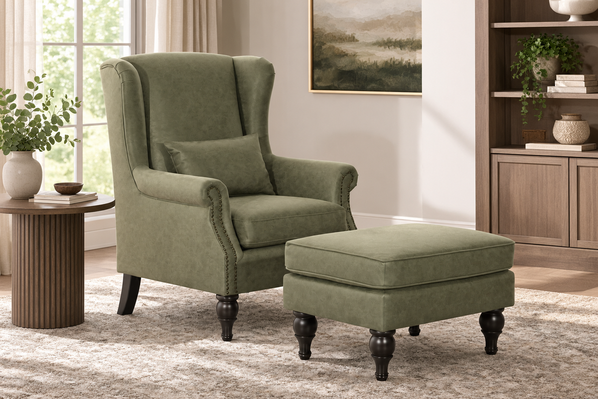 Saddle Green Leather Chair+Ottoman