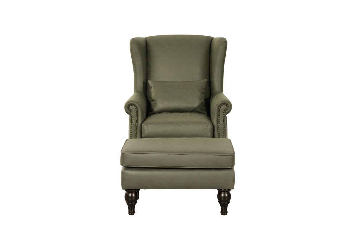 Saddle Green Leather Chair+Ottoman