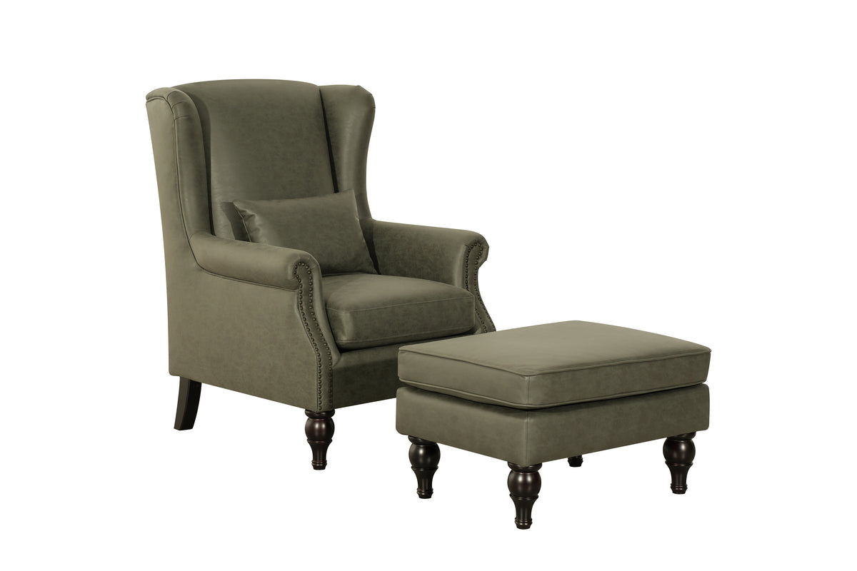 Saddle Green Leather Chair+Ottoman