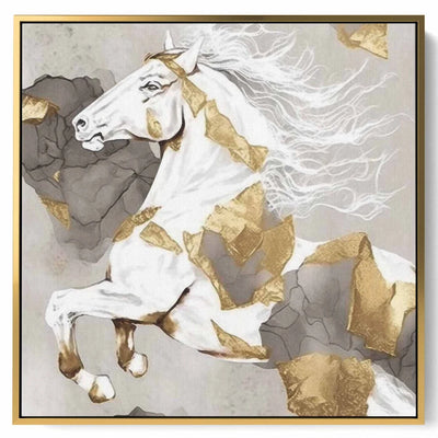 Square Canvas Wall Art Stretched Over Wooden Frame with Gold Floating Frame and Legendary Horse Oil Painting