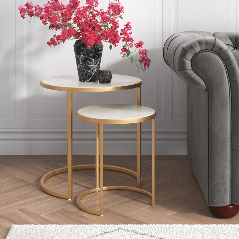 Royal | Industrial Iron Side Table Set (2 Pieces) - Gold & White - 40/50×35/45 cm