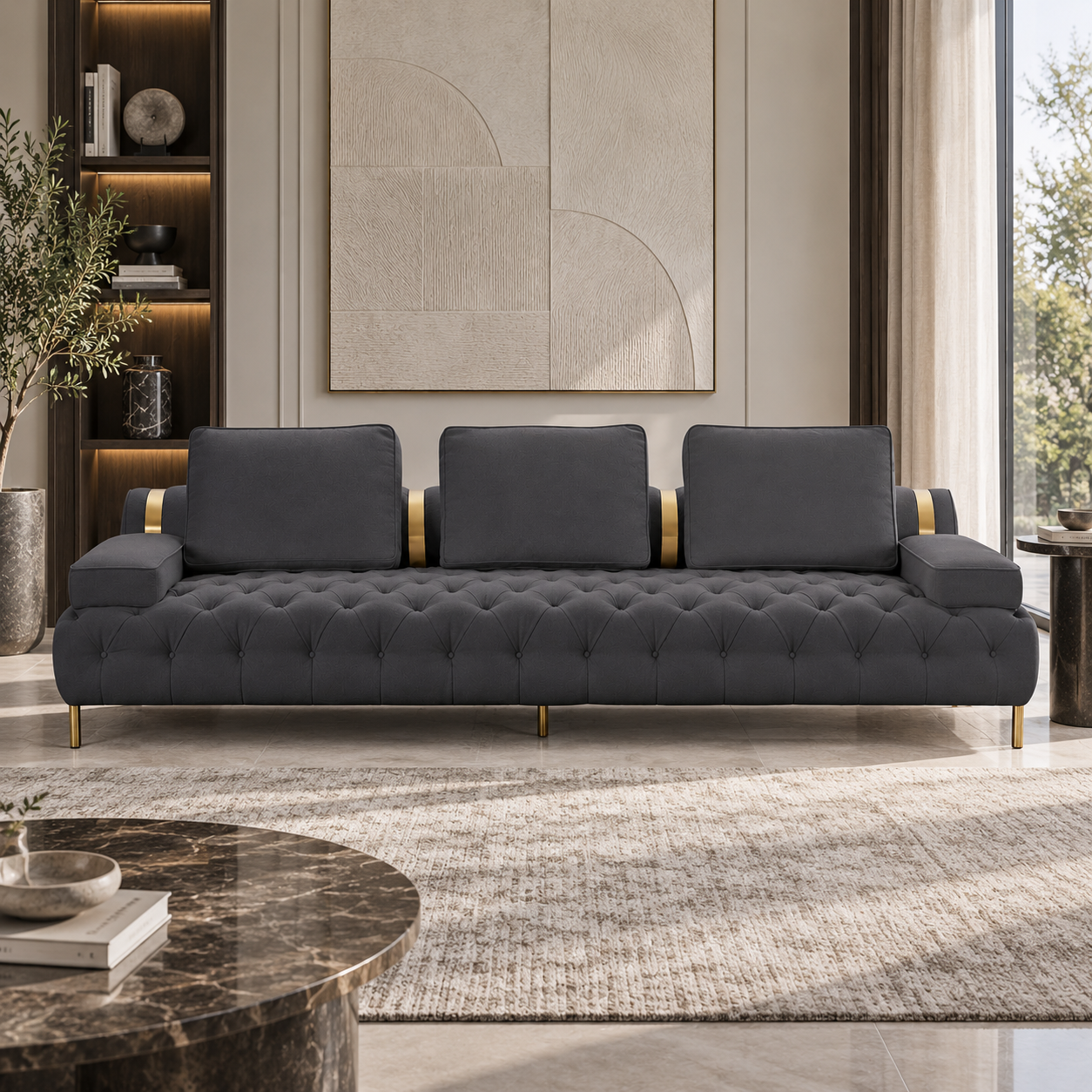 Tufting Dark Grey 4 Seater Sofa