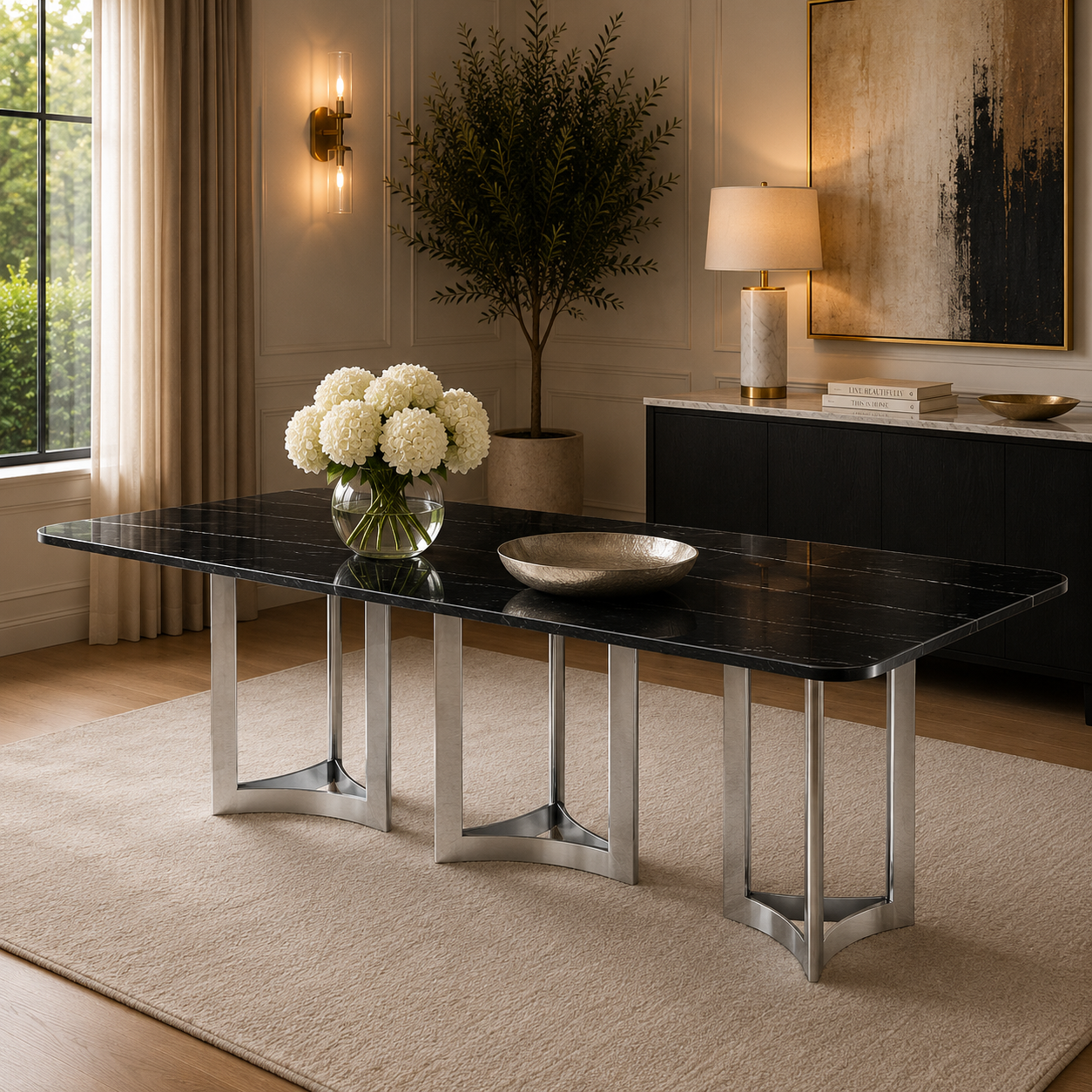 Alexa Dining Table Silver Base and 350 CM Black Marble