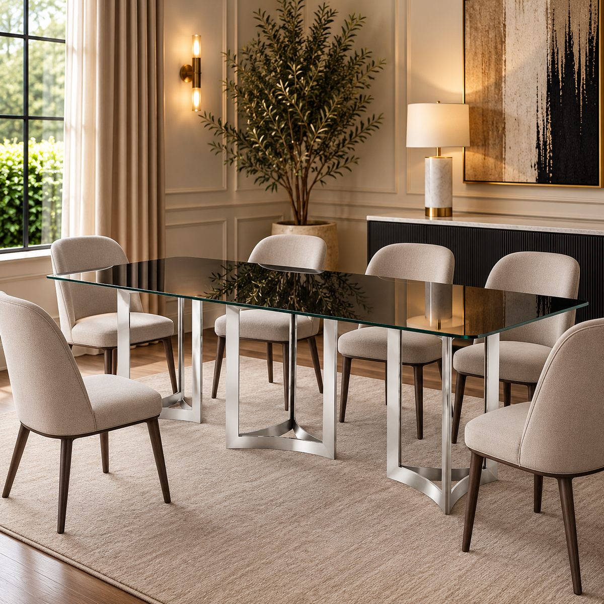 Alexa Dining Table Silver Base and 295 CM Black Glass