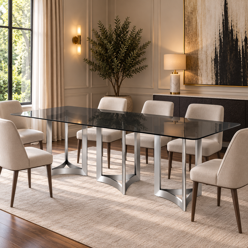 Alexa Dining Table Silver Base and 395 CM Gray Glass