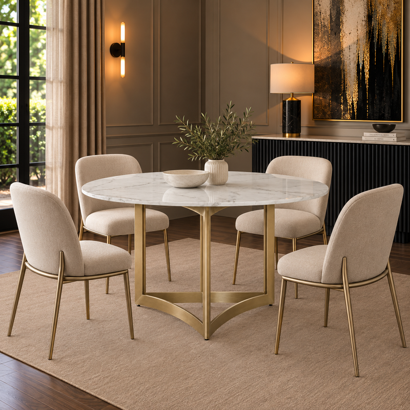Alexa Dining Table Gold Base and 150 CM Round White Marble