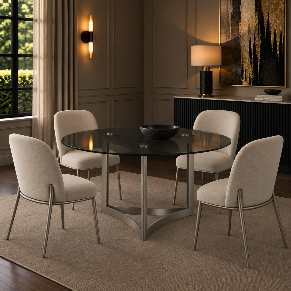 Alexa Dining Table Silver Base and 150 CM Round Gray Glass