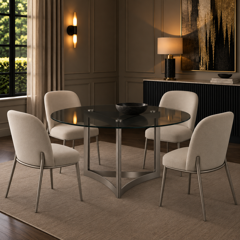 Alexa Dining Table Silver Base and 150 CM Round Gray Glass
