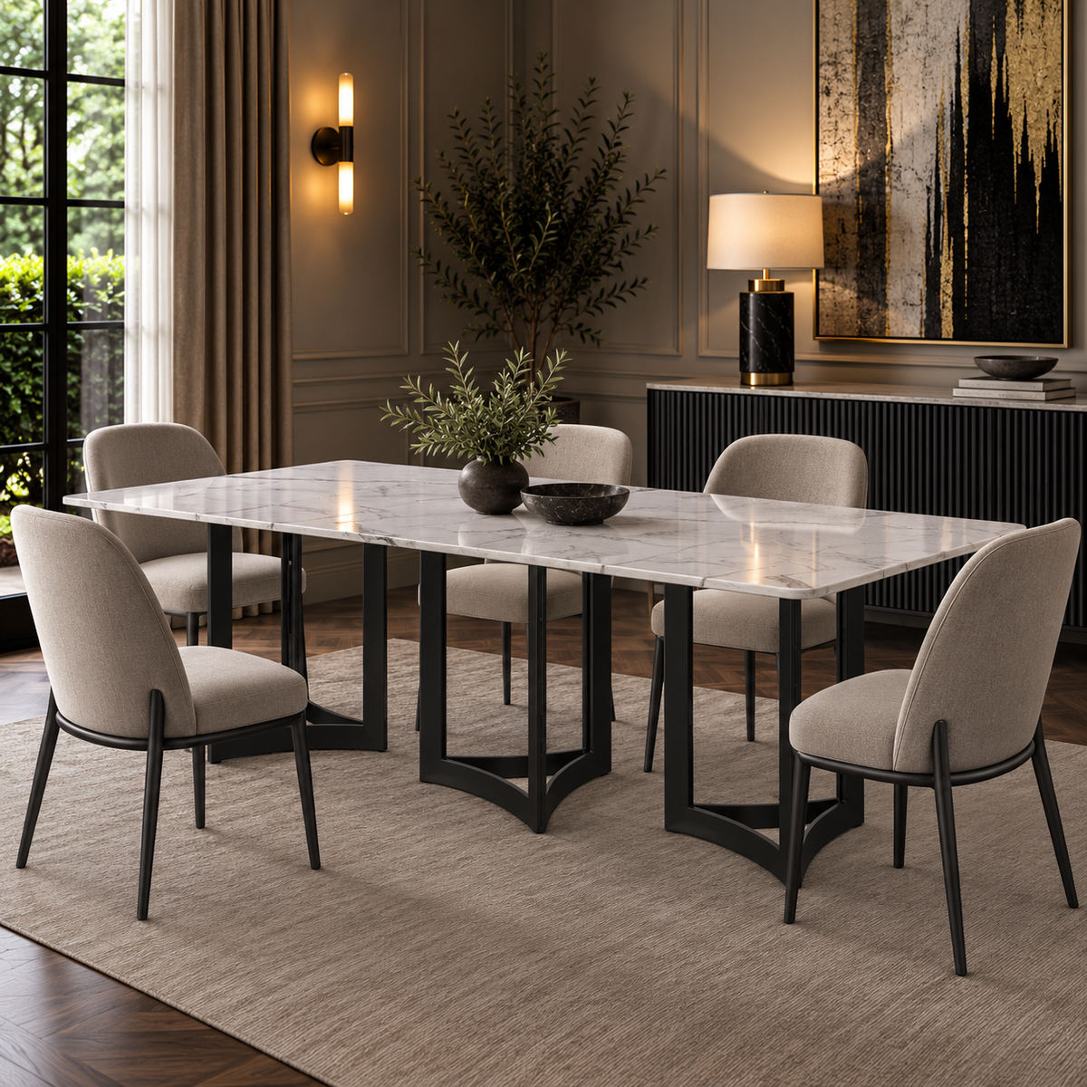 Alexa Dining Table Black Base and 295 CM White Marble