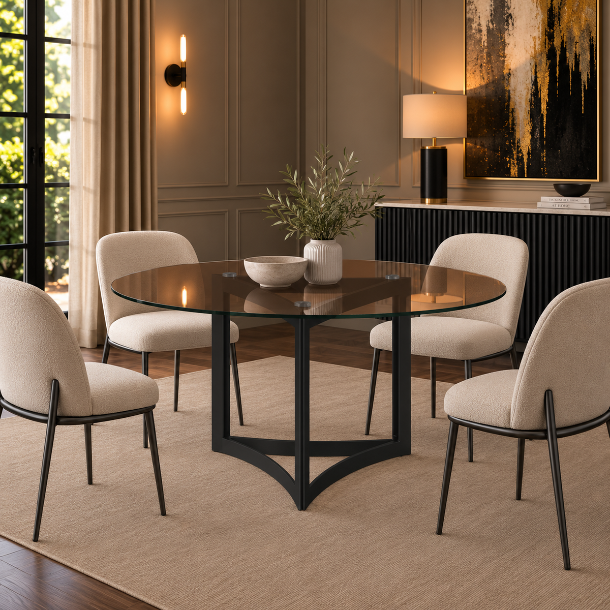 Alexa Dining Table Black Base and 150 CM Round Gold Glass