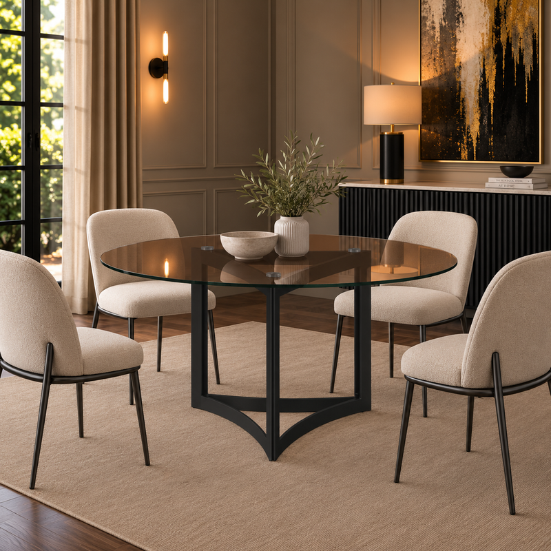 Alexa Dining Table Black Base and 150 CM Round Gold Glass
