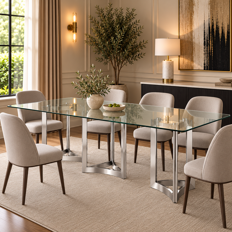 Alexa Dining Table Silver Base and 350 CM Clear Glass