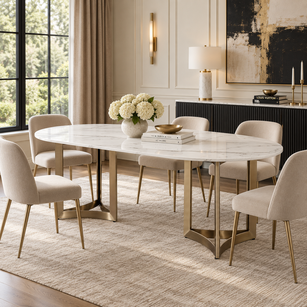 Alexa Dining Table Gold Base and 200 CM Oval White Marble