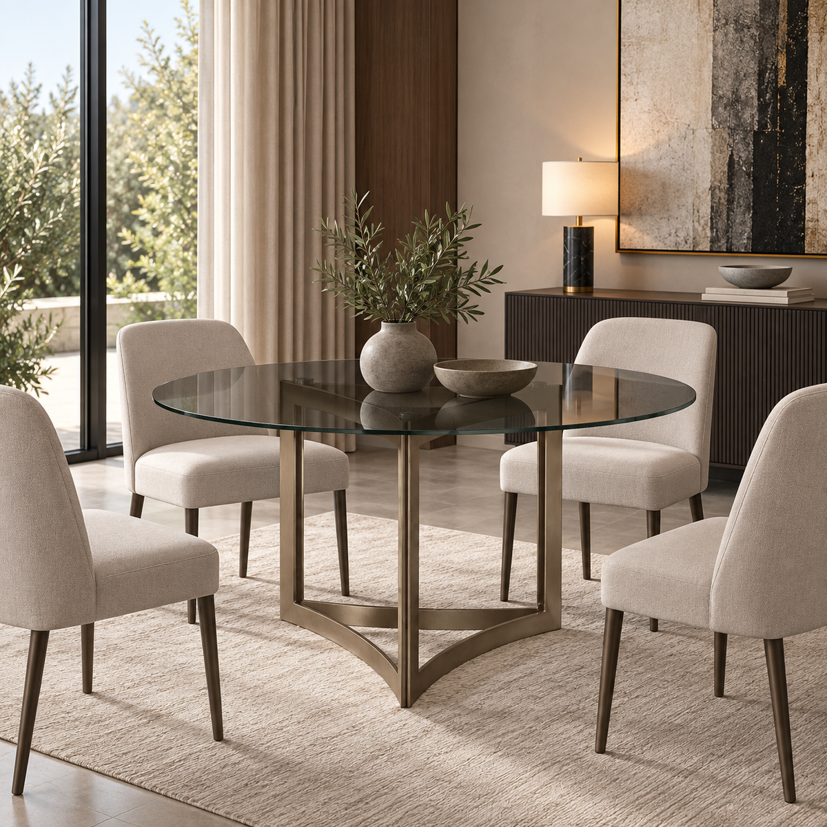 Alexa Dining Table Gold Base and 180 CM Round Gray Glass