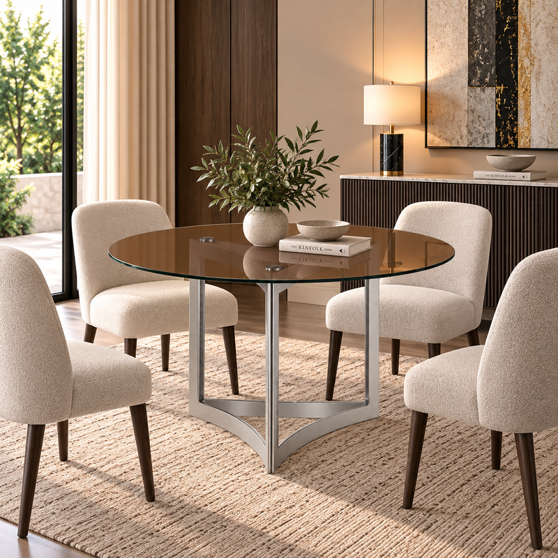 Alexa Dining Table Silver Base and 150 CM Round Gold Glass