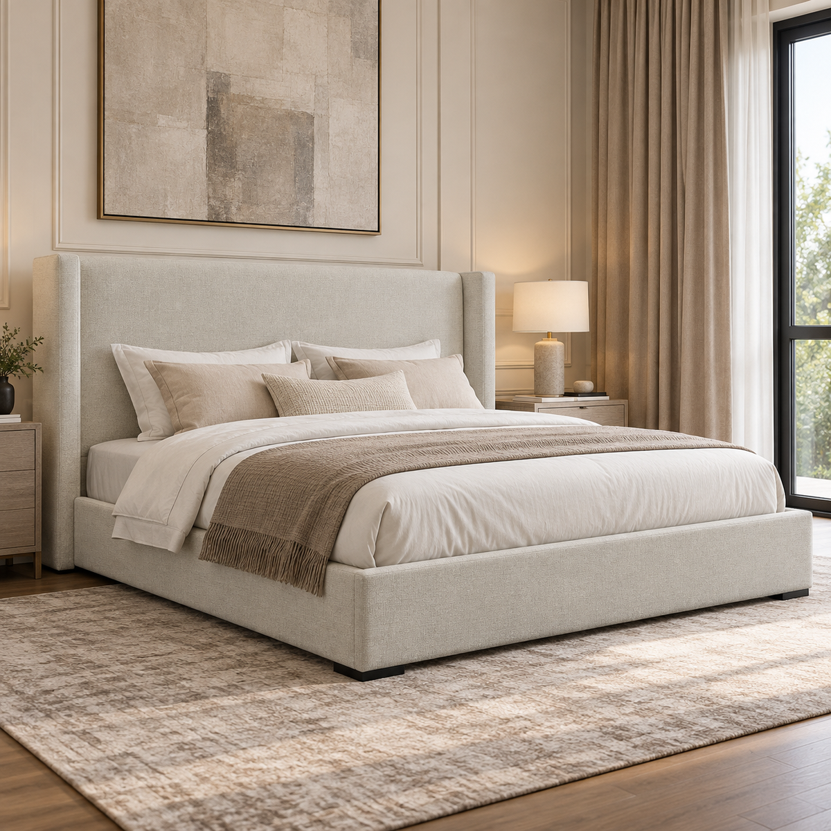 Bisque Beige Upholstered Bed - Twin 120cm