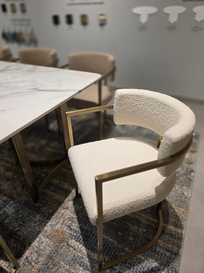 Alexa White Marble Dining Table Gold Base with 8 chairs Dining Tables| Roots Furniture