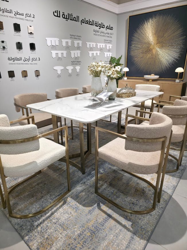Alexa White Marble Dining Table Gold Base with 8 chairs Dining Tables| Roots Furniture