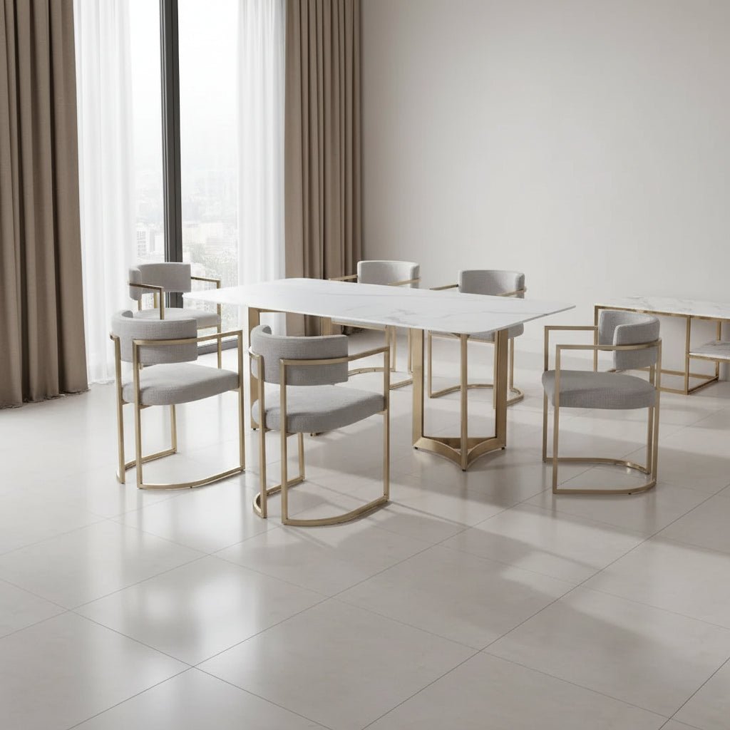 Alexa White Marble Dining Table Gold Base with 8 chairs Dining Tables| Roots Furniture