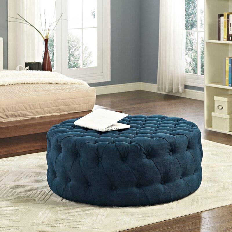 Alhome Linen Pouf Malaysian Wood, Linen Fabric(70x45) - Indigo - Al Rugaib Furniture