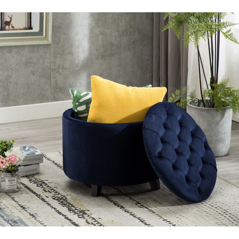 Alhome Velvet Navy Pouf Malaysian Wood, Velvet Fabric, Navy Color (36x36x46) Ottomans| Alhome