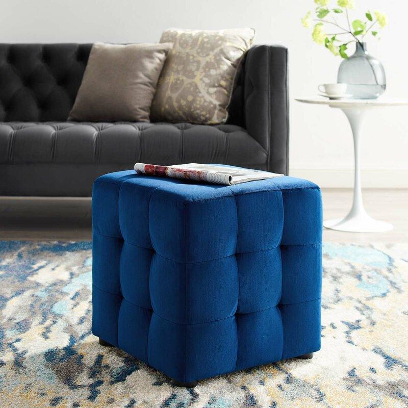 Alhome Velvet Pouf - Malaysian Wood (40x40x45) - Indigo Ottomans| Alhome