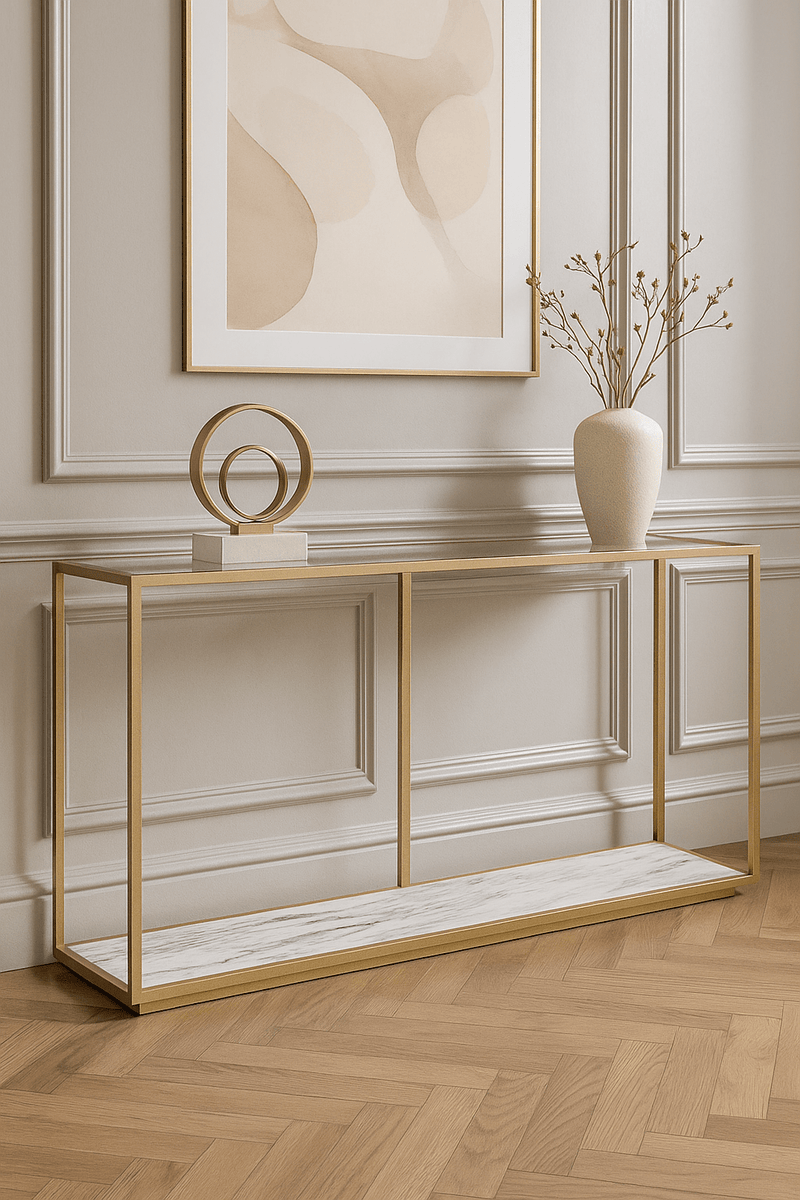 Amerah CONSOLE TABLE - White Arabescato Gold Finish - Al Rugaib Furniture