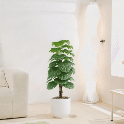 |Artificial Alocasia Heart Leaf Tree in a cylindrical plastic pot featuring large, symmetrical leaves. Number of branches: 1 Tub type: Durable plastic Tub shape: Cylindrical Available colors: white - Al Rugaib Furniture