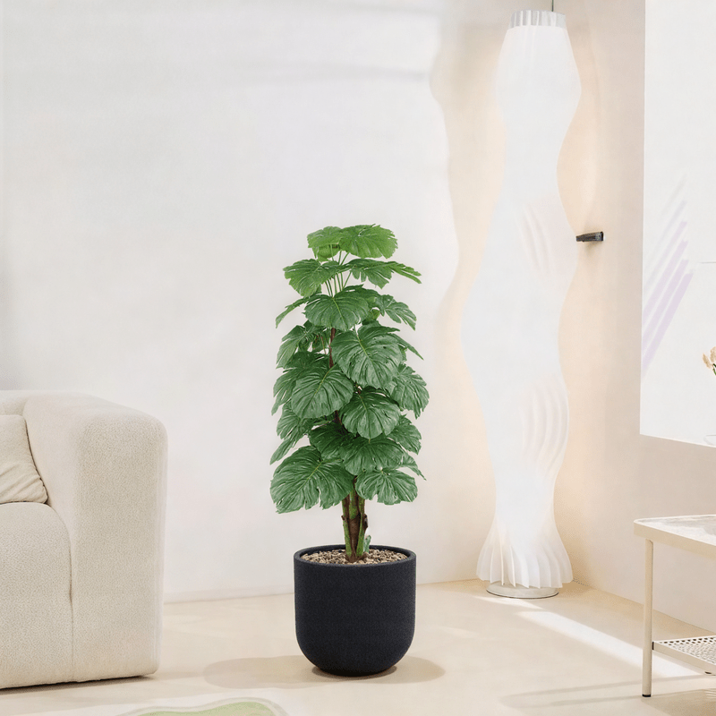 |Artificial Alocasia Heart Leaf Tree in a cylindrical plastic pot featuring large, symmetrical leaves. Number of branches: 1 Tub type: Durable plastic Tub shape: Cylindrical Available colors: black spray Artificial Plants| Otath