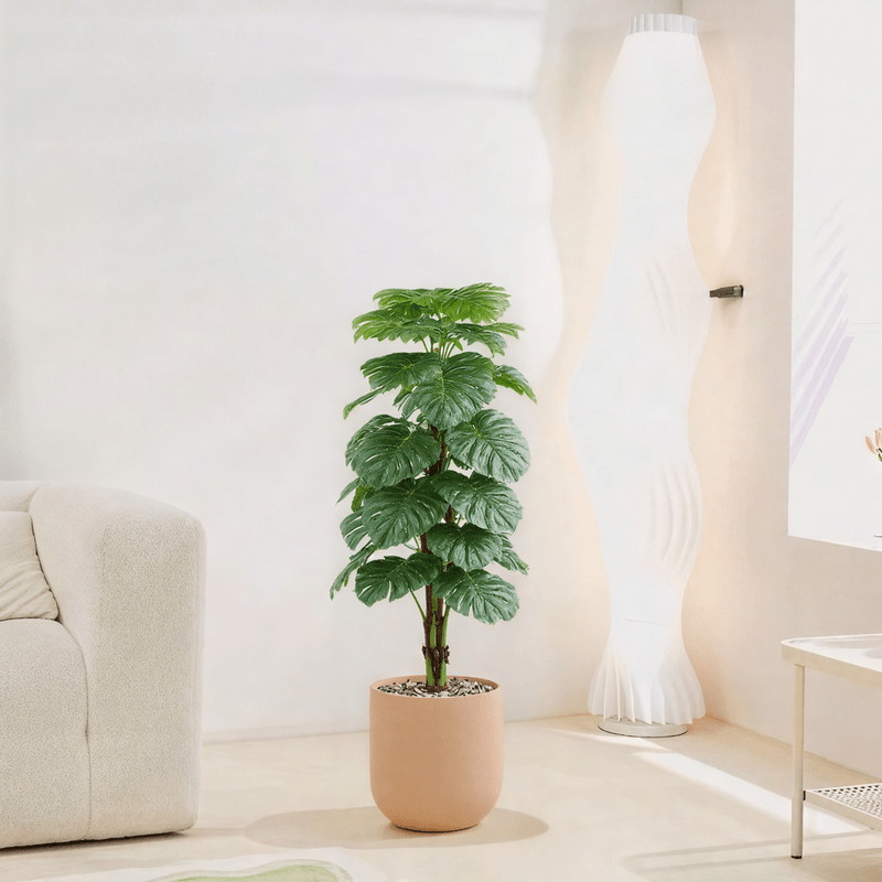 |Artificial Alocasia Heart Leaf Tree in a cylindrical plastic pot featuring large, symmetrical leaves. Number of branches: 1 Tub type: Durable plastic Tub shape: Cylindrical Available colors: camel spray Artificial Plants| Otath