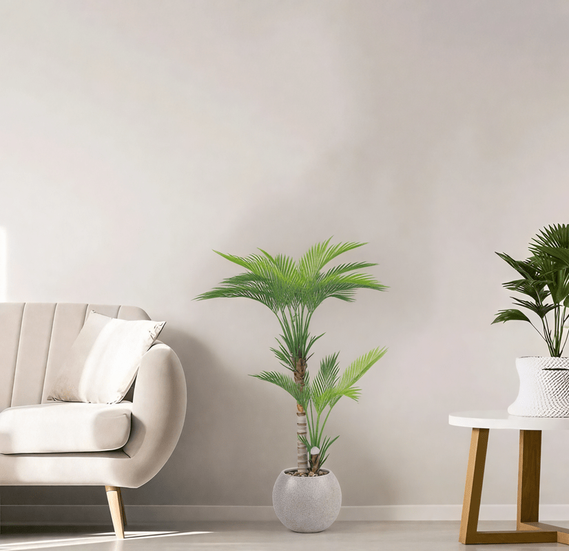 Artificial Areca tree with two branches and a round fiber pot. Available in: cement spray Artificial Plants| Otath