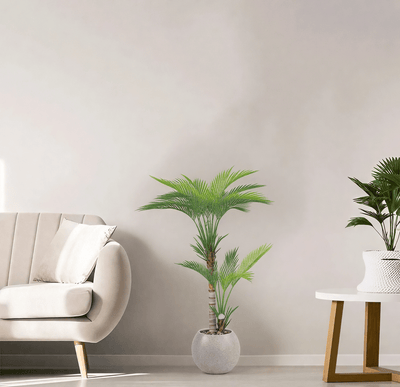 Artificial Areca tree with two branches and a round fiber pot. Available in: cement spray - Al Rugaib Furniture