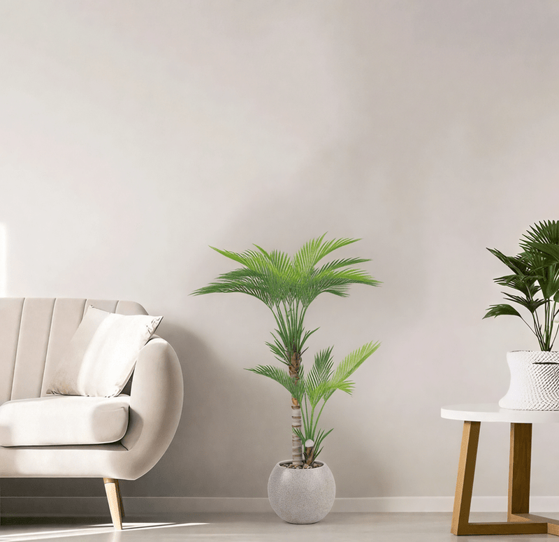 Artificial Areca tree with two branches and a round fiber pot. Available in: cement spray - Al Rugaib Furniture