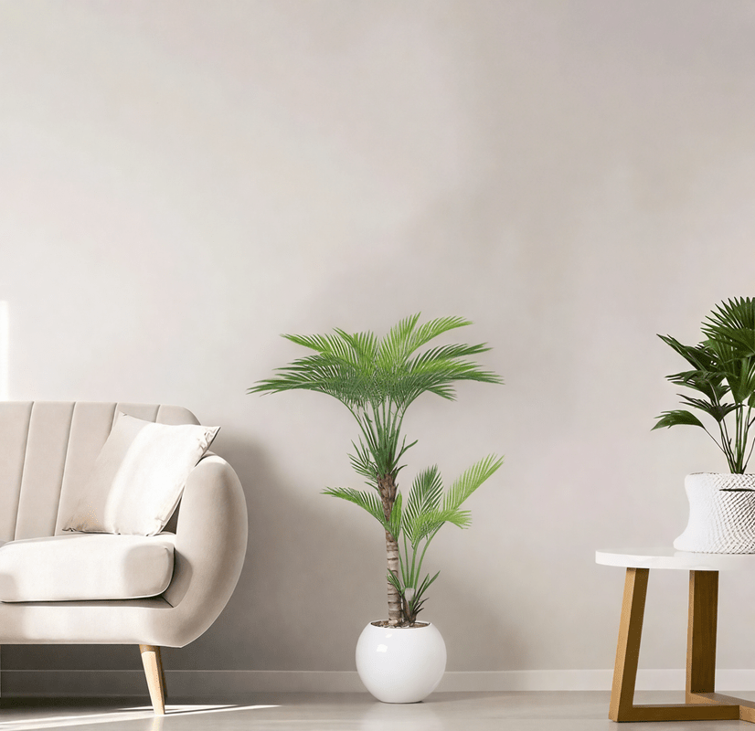 Artificial Areca tree with two branches and a round fiber pot. Available in: white spray. Artificial Plants| Otath
