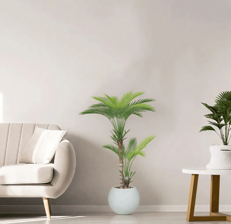 Artificial Areca tree with two branches and a round fiber pot. Available in:white spray gold - Al Rugaib Furniture