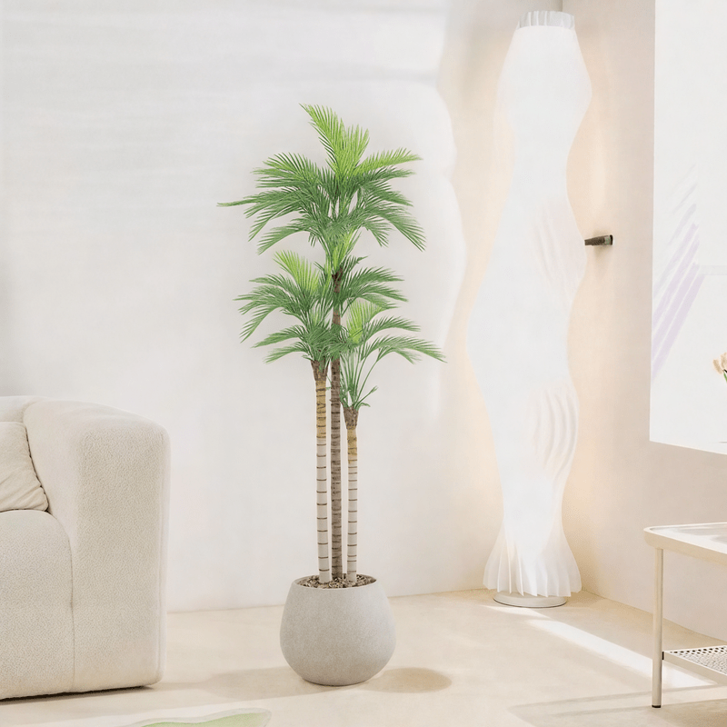 Artificial Areca tree with two branches and an oval fiber pot. Available colors: cement spray - Al Rugaib Furniture