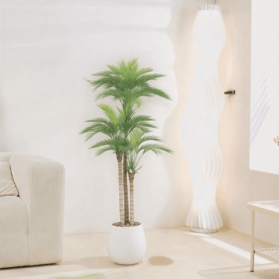 Artificial Areca tree with two branches and an oval fiber pot. Available colors: white, white spray, black, gray spray, torabi spray, off - white spray. - Al Rugaib Furniture
