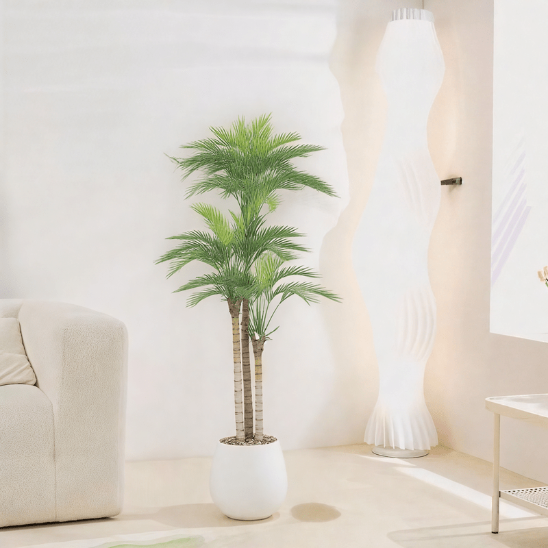 Artificial Areca tree with two branches and an oval fiber pot. Available colors: white, white spray, black, gray spray, torabi spray, off - white spray. - Al Rugaib Furniture