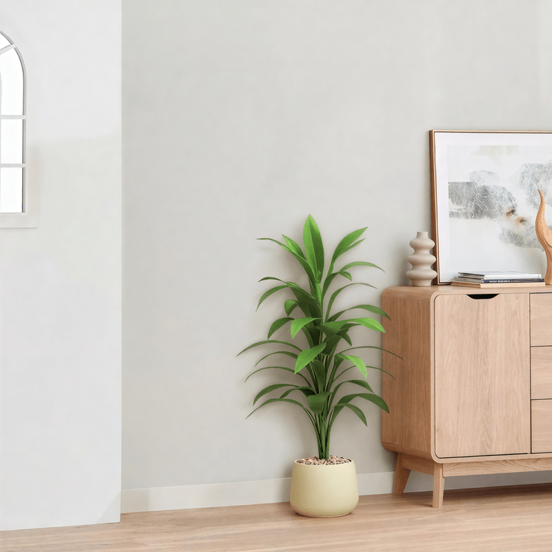 Artificial Dracaena plant, elegant cylindrical plastic pot. Available colors:, off white spray. - Al Rugaib Furniture