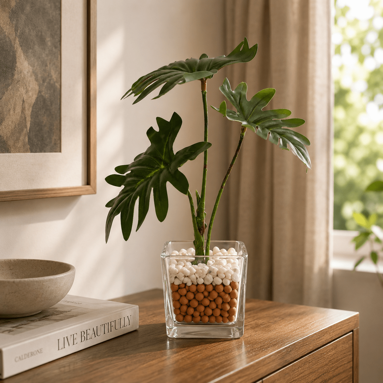 Artificial Mini Philo Plants 26CM with Glass Planter Plants| Roots Furniture