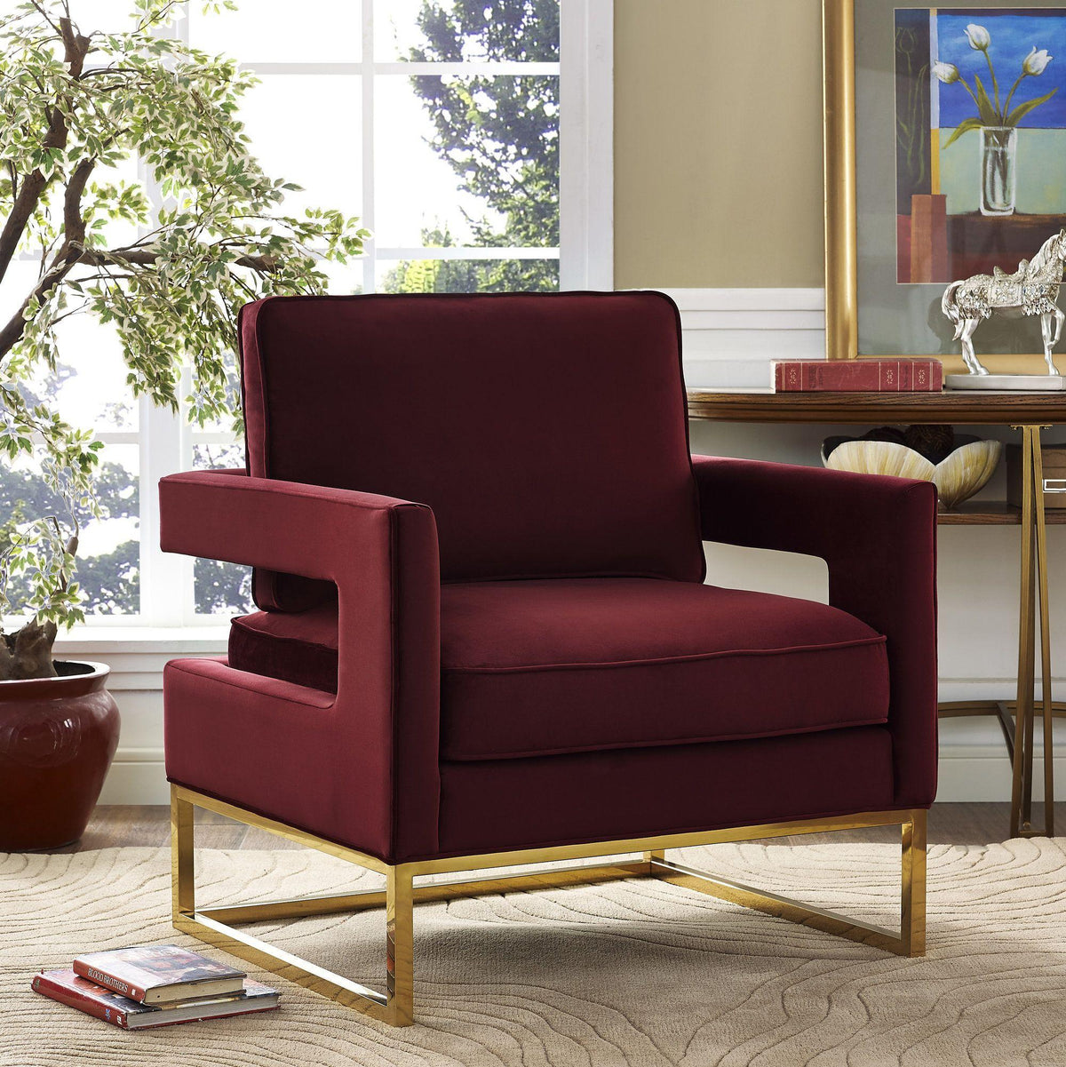 Avery Maroon Velvet Chair With Polished Gold Base Chairs| TOV